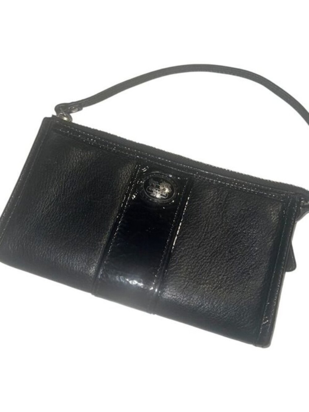 Coach Sutton Black Leather Patent Top Zip Clutch Wristlet